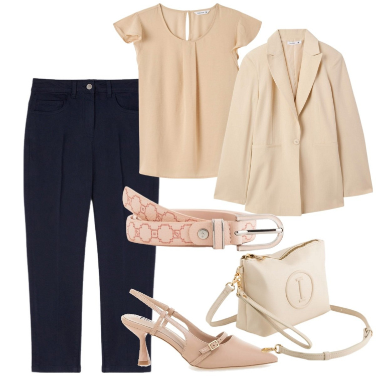 Outfit donna - Elegante in ufficio. Stile Casual chic per Ufficio. Abbinamento con bluse, blazer, décolleté, valigie, cinture, pantaloni.