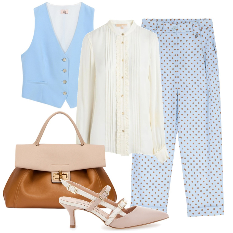 Outfit donna - Azzurro cielo @angelbeautyeli. Stile Bon Ton per Tutti i giorni. Abbinamento con camicie, pantaloni, décolleté, gilet, borse a tracolla.