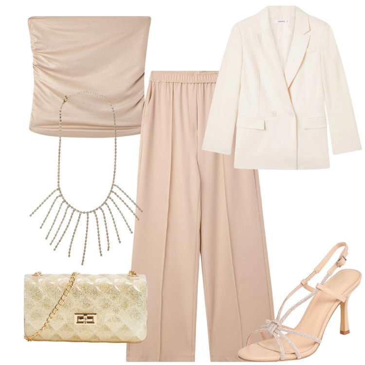 Outfit donna - Total look #2105218. Stile Chic per Cerimonia. Abbinamento con borse a tracolla, blazer, pantaloni, top, sandali col tacco, collane.