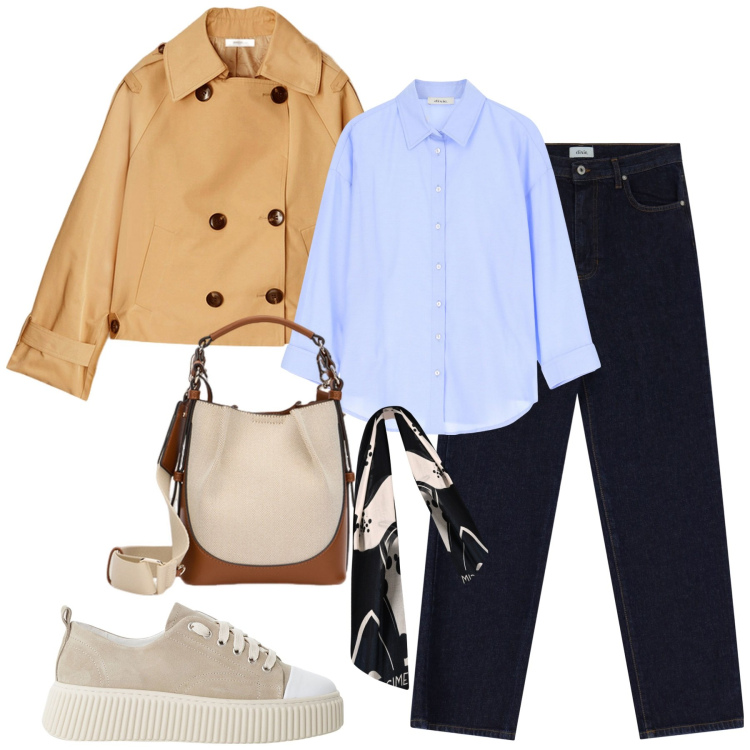 Outfit donna - City. Stile Casual chic per Tutti i giorni. Abbinamento con sciarpe, sneakers, jeans dritti, camicie, trench, borse a mano.