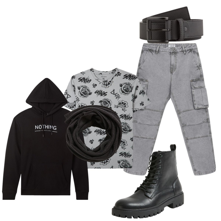 Outfit uomo - Urban con Terranova. Stile Urban per Tutti i giorni. Abbinamento con sciarpe, t-shirt, anfibi, jeans, felpe con cappuccio, cinture.