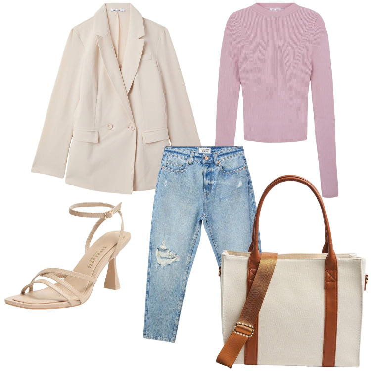 Outfit donna - Terranova pastello. Stile Urban per Tutti i giorni. Abbinamento con jeans mom, blazer, shopping bag, sandali col tacco, maglieria.