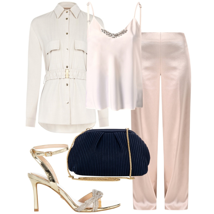 Outfit donna - Eleganza discreta. Stile Chic per Cerimonia. Abbinamento con blazer, pantaloni a palazzo, pochette, top, sandali col tacco.