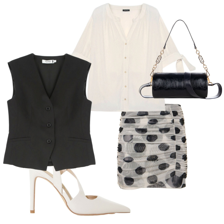 Outfit donna - Serata con amici. Stile Casual chic per Serata fuori. Abbinamento con borse a mano, gilet, décolleté, camicie, minigonne.