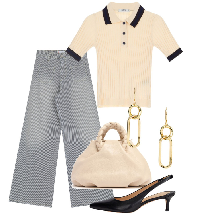 Outfit donna - Ci vuole un tacco. Stile Casual chic per Tutti i giorni. Abbinamento con jeans a zampa, maglieria, décolleté, orecchini, borse a mano.