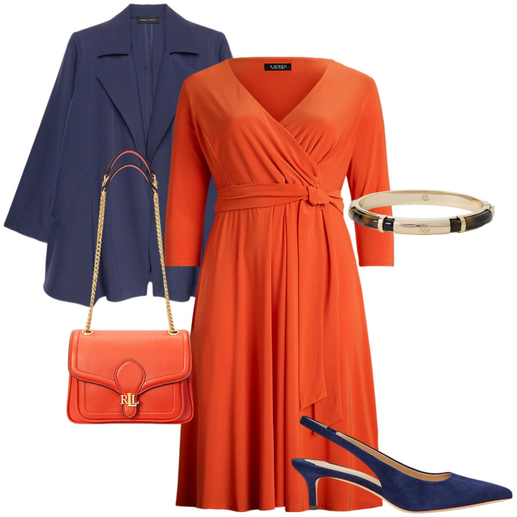 Outfit donna - Blu e arancione. Stile Bon Ton per Cerimonia. Abbinamento con décolleté, vestiti, borse a spalla, braccialetti, blazer.