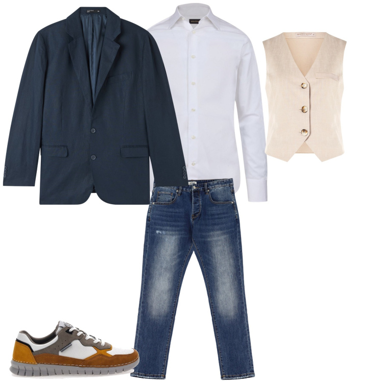 Outfit uomo - Casual chic. Stile Casual per Tutti i giorni. Abbinamento con giacche, gilet, jeans dritti, sneakers, camicie.