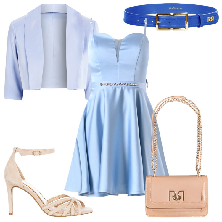 Outfit donna - Rinascimento :cerimonia in azzurro. Stile Romantica per Cerimonia. Abbinamento con vestiti corti, sandali col tacco, bolero, borse a tracolla, cinture.
