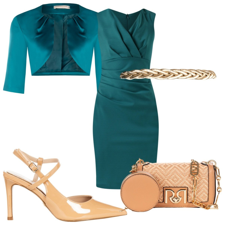 Outfit donna - Rinascimento: verde glamour. Stile Glamour per Cerimonia. Abbinamento con vestiti a tubino, bolero, décolleté, borse a tracolla, cinture.