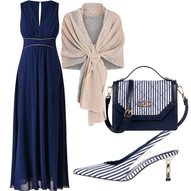 Outfit donna - Rinascimento : righe blu. Stile Glamour per Cerimonia. Abbinamento con stole, vestiti lunghi, décolleté, borse a mano.