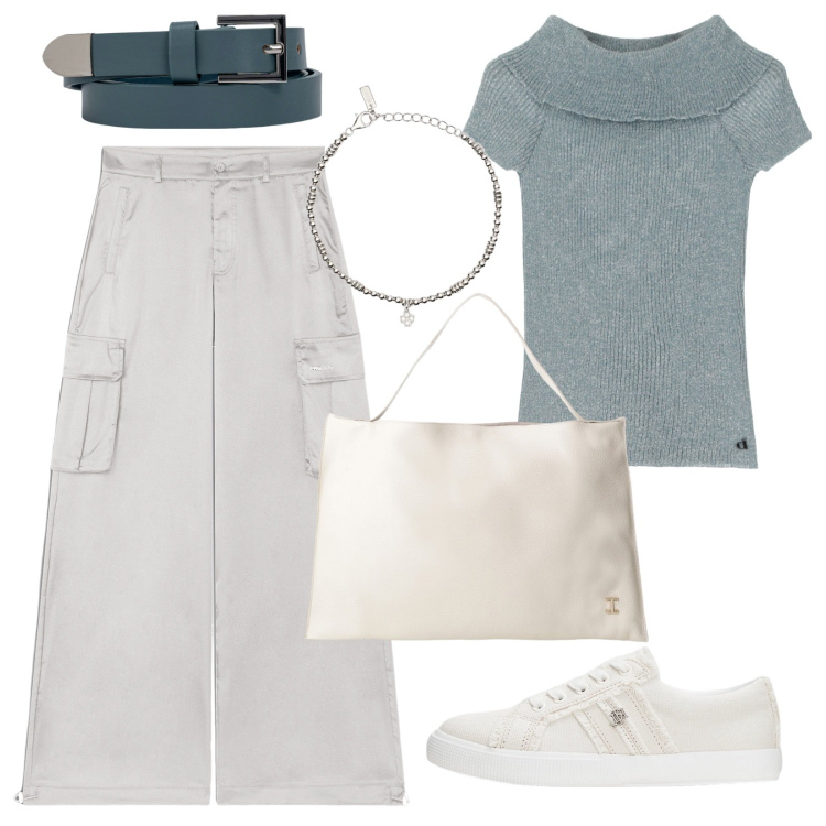 Outfit donna - Softy. Stile Minimal per Tutti i giorni. Abbinamento con braccialetti con ciondoli, borse a spalla, pantaloni cargo, pullovers, sneakers, cinture.