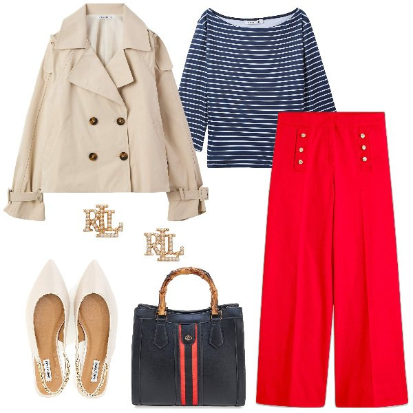 Outfit donna - Navy classico. Stile Casual chic per Tutti i giorni. Abbinamento con pantaloni, t-shirt, trench, orecchini, ballerine, borse a tracolla.