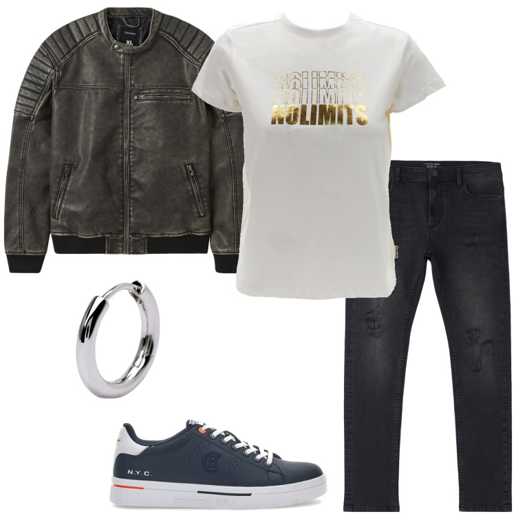 Outfit uomo - Un tipo interessante. Stile Casual per Tutti i giorni. Abbinamento con jeans strappati, giacche, orecchini, sneakers, t-shirt.