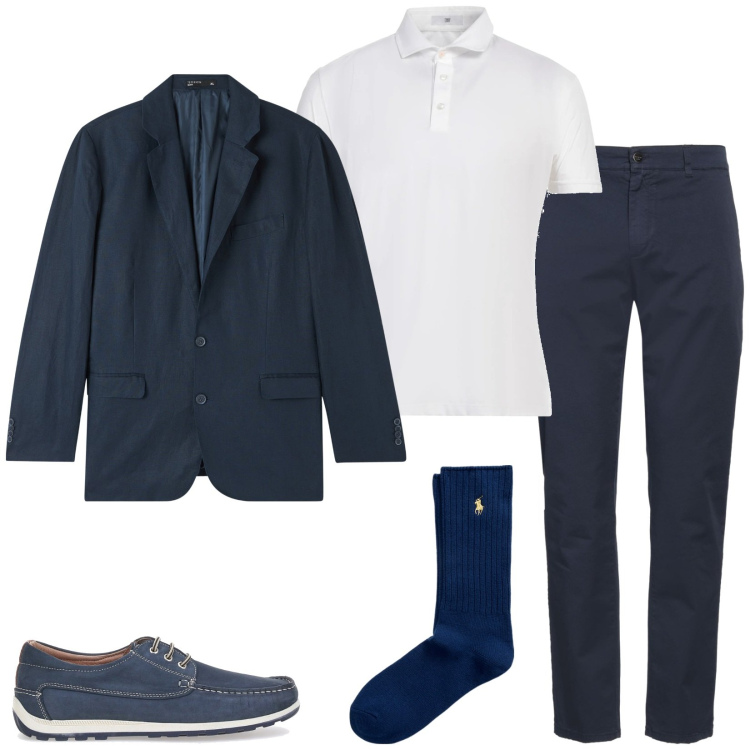 Outfit uomo - Eleganza casual. Stile Casual per Tutti i giorni. Abbinamento con pantaloni chino, polo, giacche, calzini, scarpe stringate.
