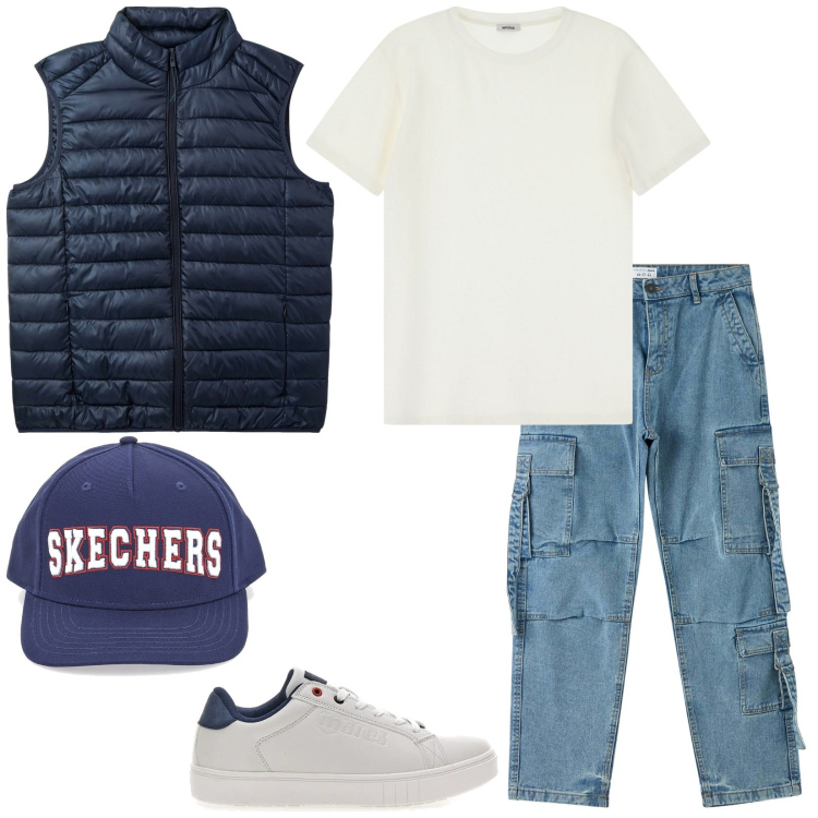 Outfit uomo - Tommaso. Stile Urban per Tutti i giorni. Abbinamento con piumini, jeans, t-shirt, cappelli, sneakers.