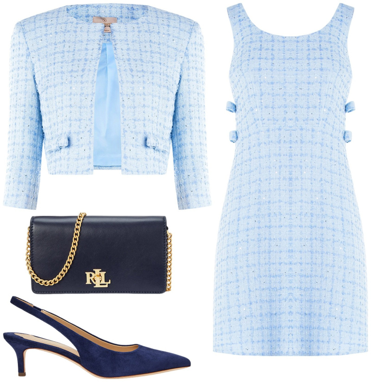 Outfit donna - Completo azzurro. Stile Glamour per Cerimonia. Abbinamento con décolleté, borse a mano, bolero, vestiti.