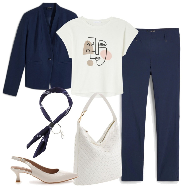 Outfit donna - Total look #2105348. Stile Mannish per Ufficio. Abbinamento con pantaloni, blazer, t-shirt, foulard, décolleté, borse a tracolla.