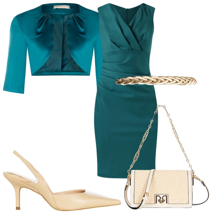 Outfit donna - Rinascimento : cerimonia in verde oliva. Stile Glamour per Cerimonia. Abbinamento con vestiti a tubino, bolero, borse a tracolla, décolleté, cinture.