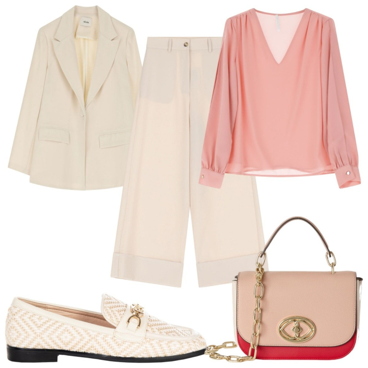 Outfit donna - Casual chic in primavera: i mocassini. Stile Casual chic per Tutti i giorni. Abbinamento con camicie, pantaloni a palazzo, blazer, mocassini, borse a tracolla.