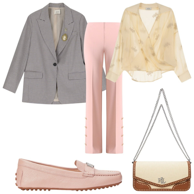 Outfit donna - Casual chic in primavera: in rosa. Stile Casual chic per Tutti i giorni. Abbinamento con pantaloni a palazzo, bluse, blazer, borse a spalla, mocassini.