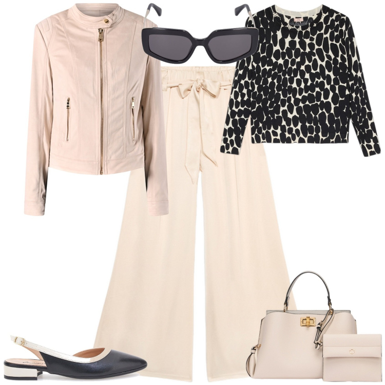 Outfit donna - Total look #2105354. Stile Chic per Tutti i giorni. Abbinamento con blazer, ballerine, borse a mano, pantaloni a palazzo, maglieria, occhiali da sole.