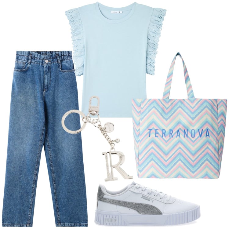 Outfit donna - Total look #2105357. Stile Casual per Scuola/Università. Abbinamento con jeans, t-shirt, borse tote, sneakers, portachiavi.
