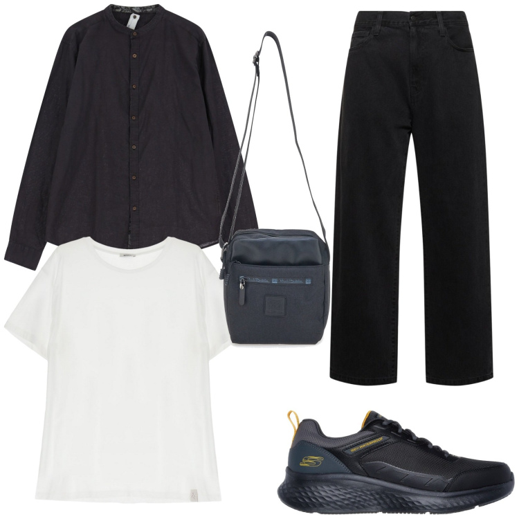 Outfit uomo - Camiceria oversize. Stile Urban per Tutti i giorni. Abbinamento con camicie, t-shirt, portafogli, jeans, sneakers.