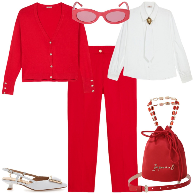 Outfit donna - Total look #2105359. Stile Chic per Tutti i giorni. Abbinamento con borse a secchiello, décolleté, cardigans, camicie, occhiali da sole, pantaloni.