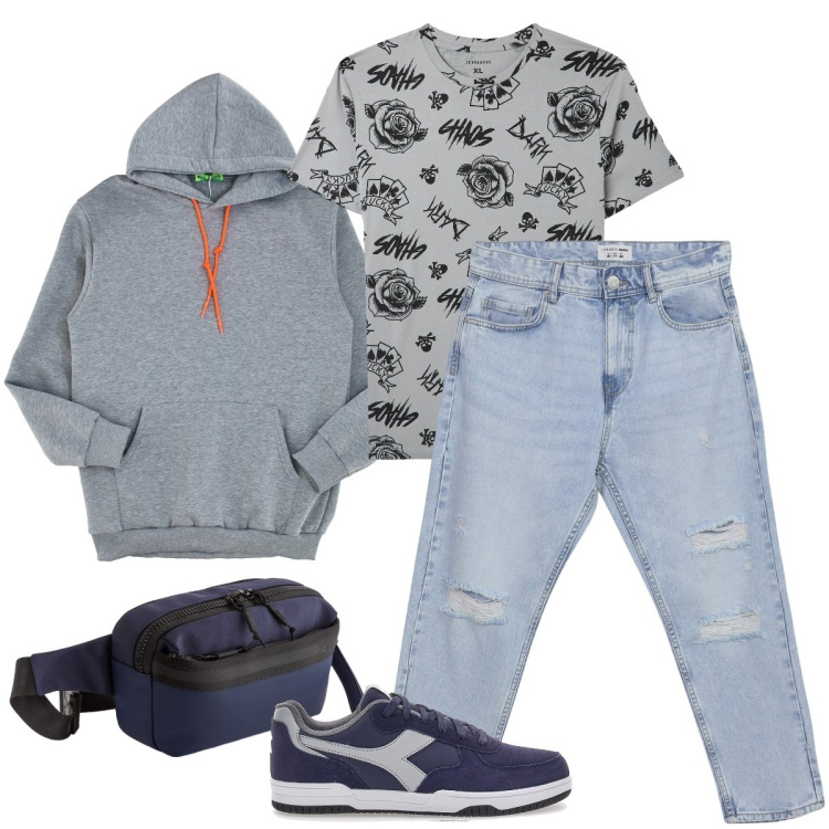 Outfit uomo - La t-shirt a fantasia. Stile Casual per Tutti i giorni. Abbinamento con t-shirt, jeans strappati, felpe con cappuccio, sneakers, borse sportive.