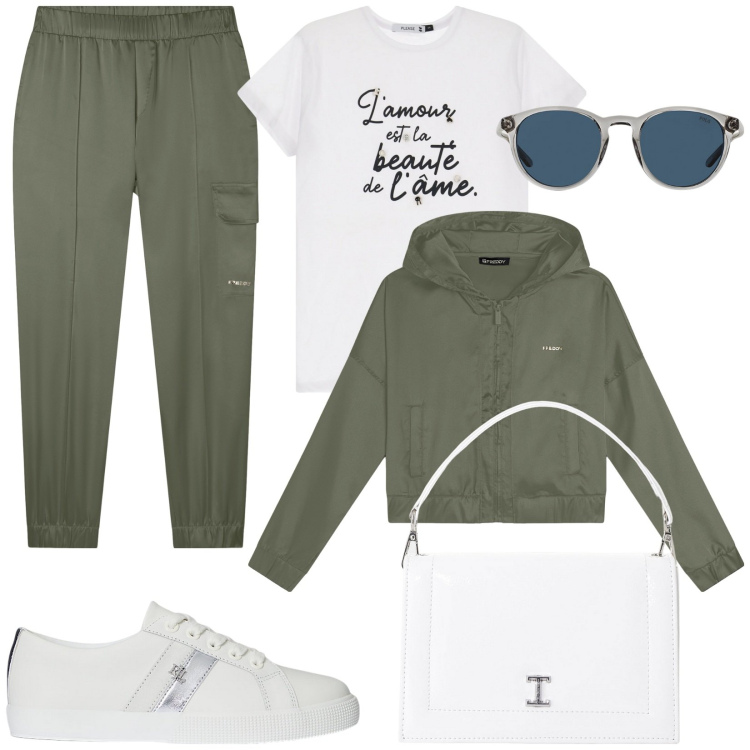 Outfit donna - Utility soft. Stile Sporty chic per Tutti i giorni. Abbinamento con t-shirt, borse a tracolla, felpe con cappuccio, pantaloni cargo, sneakers, occhiali da sole.