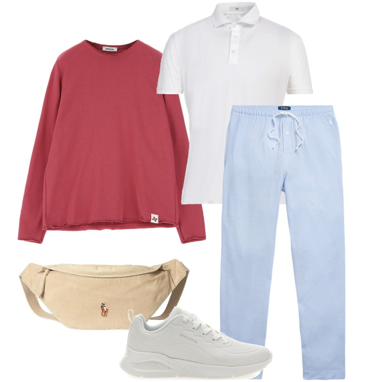 Outfit uomo - La maglia corallo. Stile Trendy per Tutti i giorni. Abbinamento con polo, felpe, pantaloni, borse sportive, sneakers.
