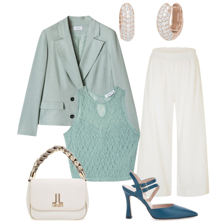 Outfit donna - Al Matrimonio. Stile Chic per Cerimonia. Abbinamento con pantaloni culotte, top, orecchini, décolleté, borse a tracolla, blazer.