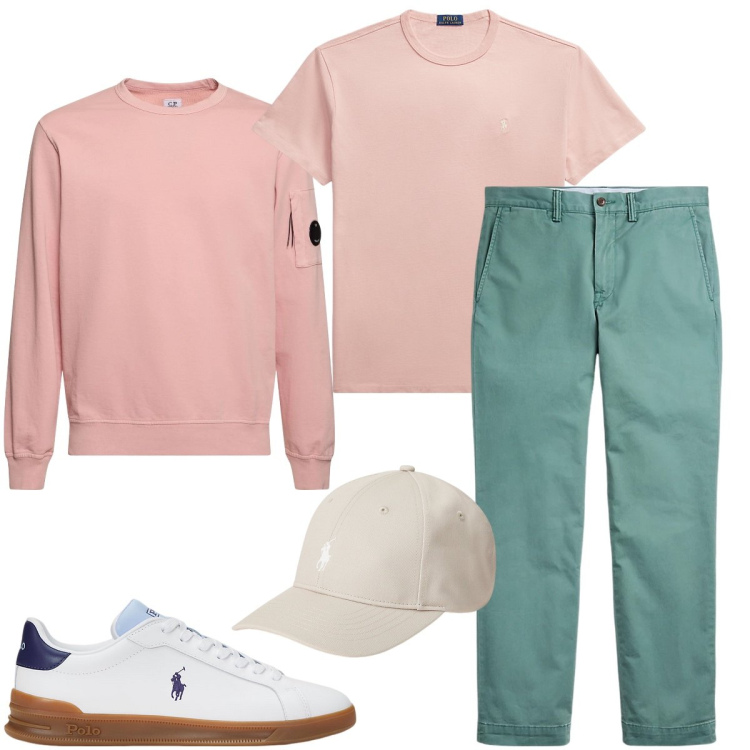 Outfit uomo - Rosa salmone. Stile Trendy per Tutti i giorni. Abbinamento con t-shirt, pantaloni, cappelli, sneakers, felpe.