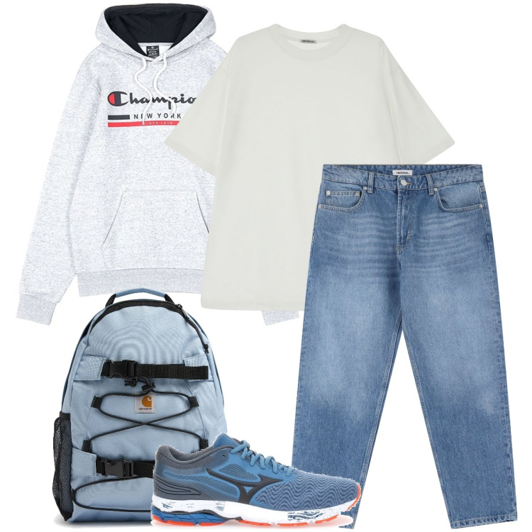 Outfit uomo - Casual di giorno. Stile Casual per Tutti i giorni. Abbinamento con jeans, t-shirt, felpe con cappuccio, borse sportive, sneakers.