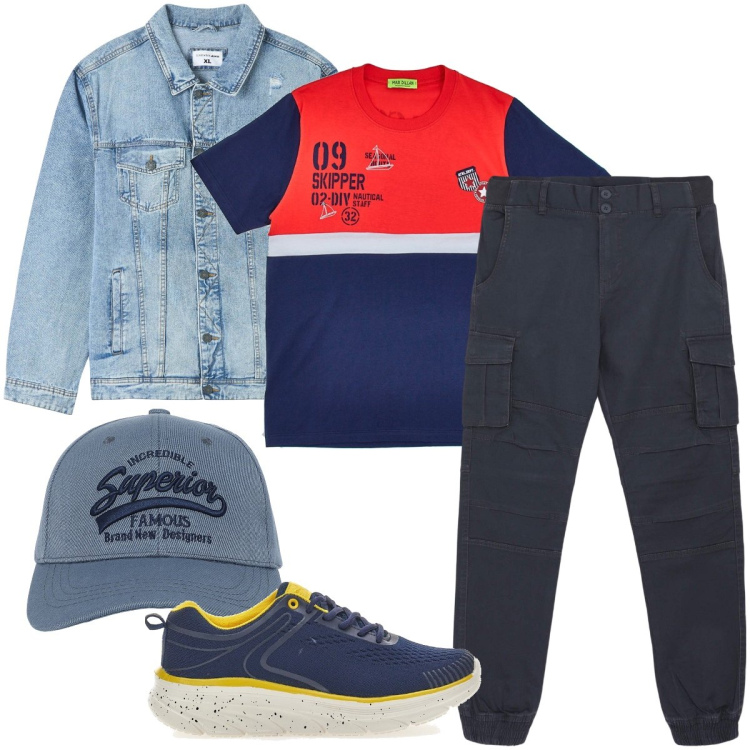 Outfit uomo - A vedere la partita. Stile Casual per Tutti i giorni. Abbinamento con giacche, cappelli con visiera, pantaloni cargo, t-shirt, sneakers.