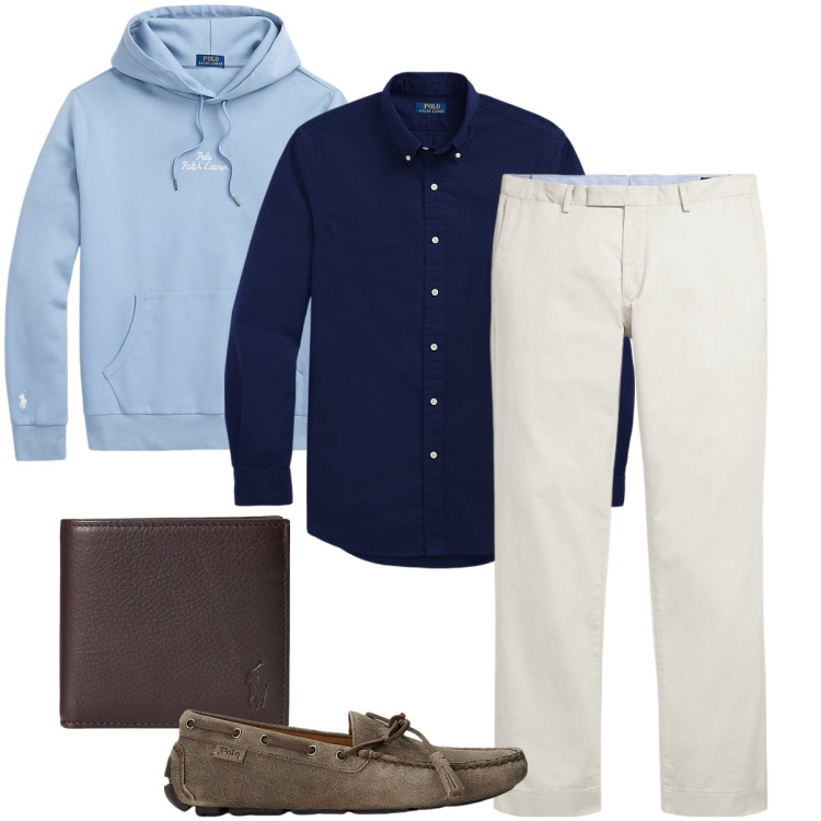 Outfit uomo - Una serata fresca. Stile Trendy per Serata speciale. Abbinamento con scarpe stringate, pantaloni chino, portafogli, felpe con cappuccio, camicie.