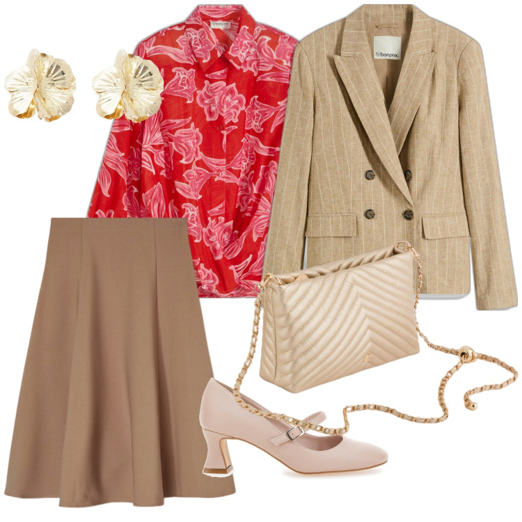 Outfit donna - Mettilo quando vuoi. per Tutti i giorni. Abbinamento con blazer, bluse, orecchini, décolleté, borse a tracolla, gonne longuette.