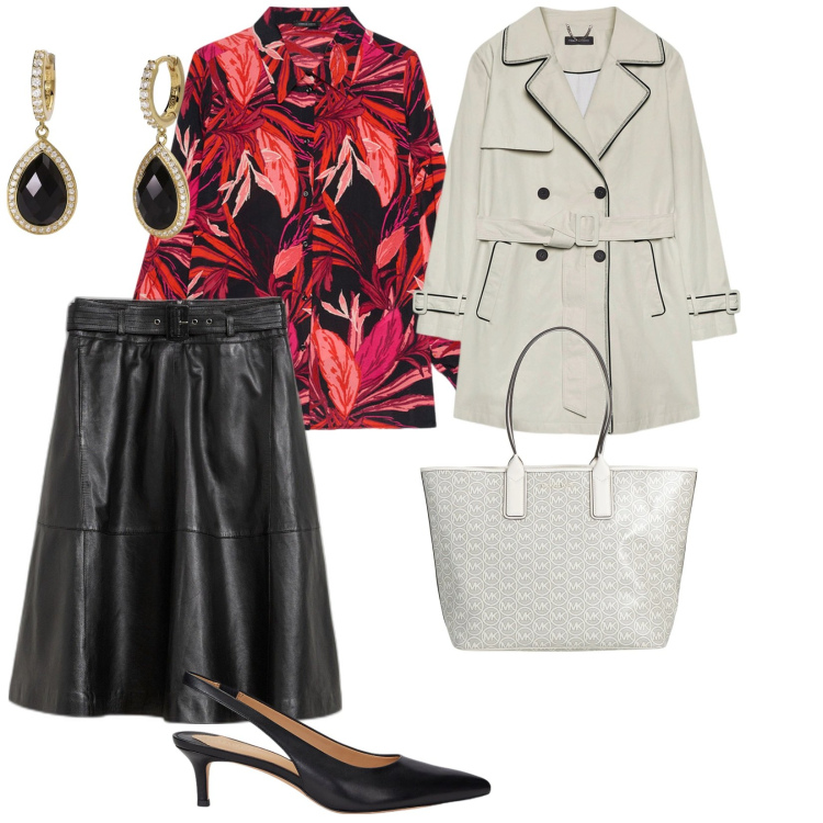 Outfit donna - La gonna di pelle. per Serata fuori. Abbinamento con gonne, borse a mano, orecchini, décolleté, camicie, trench.