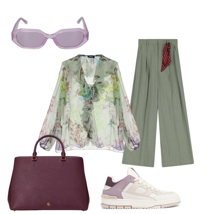 Outfit donna - Camicetta romantica. Stile Romantica per Tutti i giorni. Abbinamento con bluse, pantaloni a palazzo, borse a mano, occhiali da sole, sneakers.