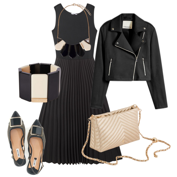 Outfit donna - Serata oro & nero. Stile Chic per Serata fuori. Abbinamento con blazer, vestiti lunghi, ballerine, collane, borse a tracolla, braccialetti.
