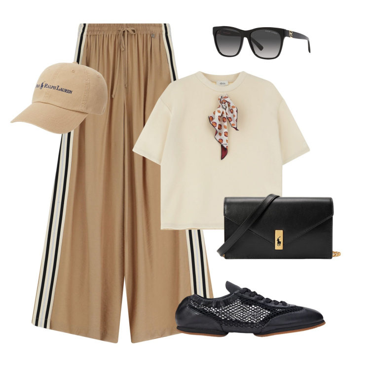 Outfit donna - Ricercato. Stile Trendy per Tutti i giorni. Abbinamento con t-shirt, pantaloni, occhiali da sole, clutch, cappelli, ballerine.