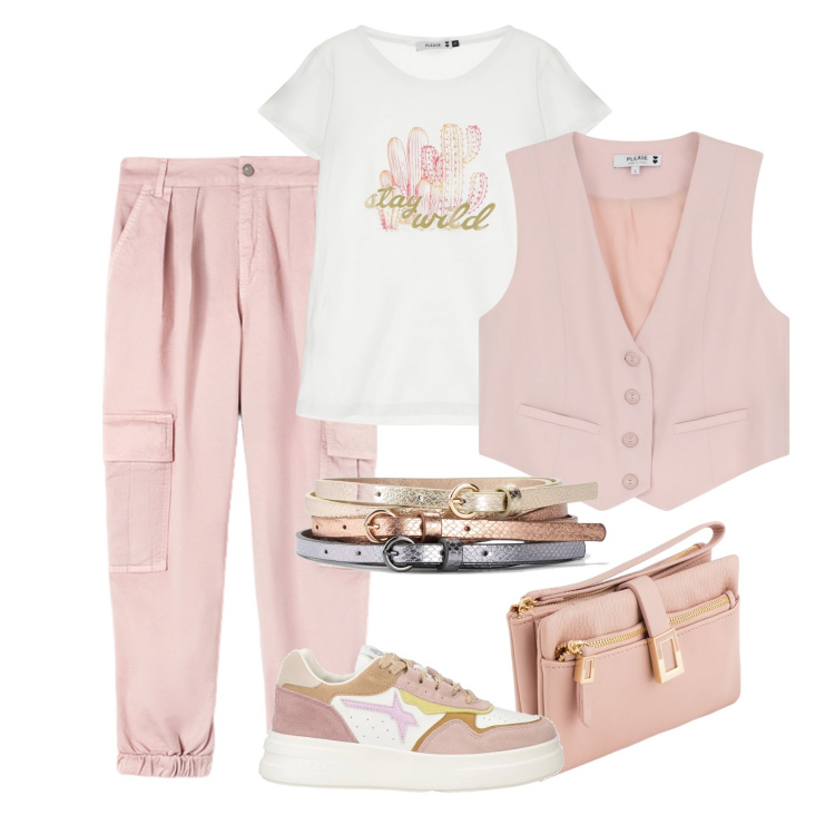 Outfit donna - In rosa con i cargo. Stile Casual per Tutti i giorni. Abbinamento con cinture, sneakers, t-shirt, gilet, pantaloni cargo, portafogli.
