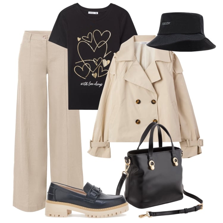 Outfit donna - Pioggerella a primavera. Stile Urban per Tutti i giorni. Abbinamento con pantaloni a palazzo, t-shirt, trench, cappelli, mocassini, borse a mano.