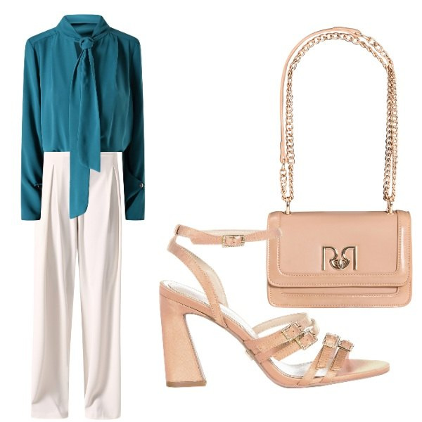 Outfit donna - blusa con fiocco. Stile Casual chic per Serata fuori. Abbinamento con sandali col tacco, pantaloni a palazzo, borse a tracolla, bluse.