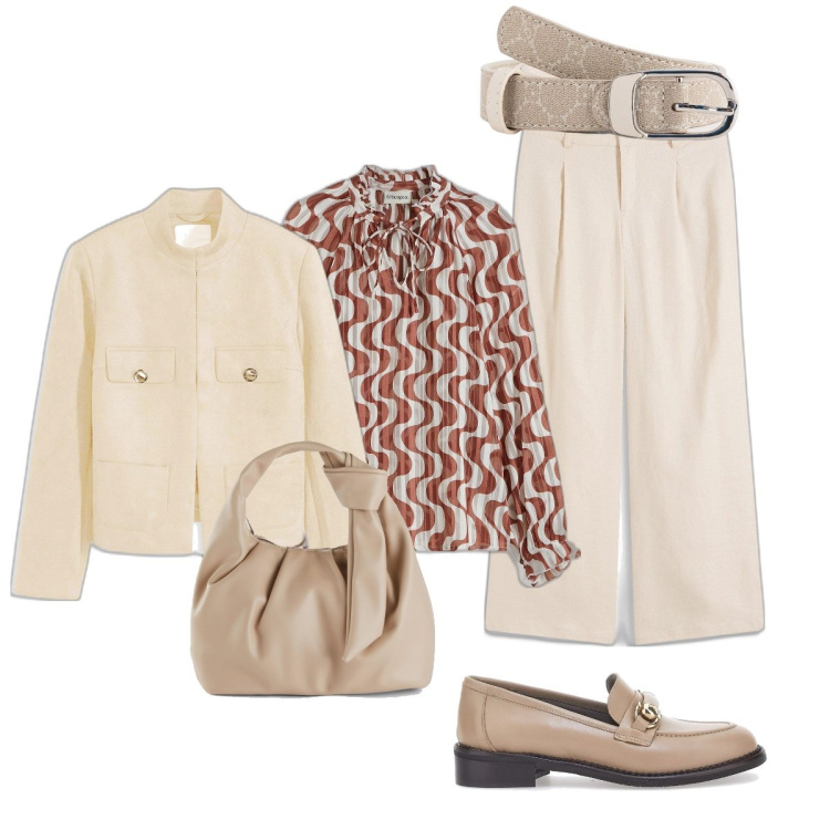 Outfit donna - In ufficio. Stile Bon Ton per Ufficio. Abbinamento con borse a mano, blazer, pantaloni a palazzo, tuniche, mocassini, cinture.