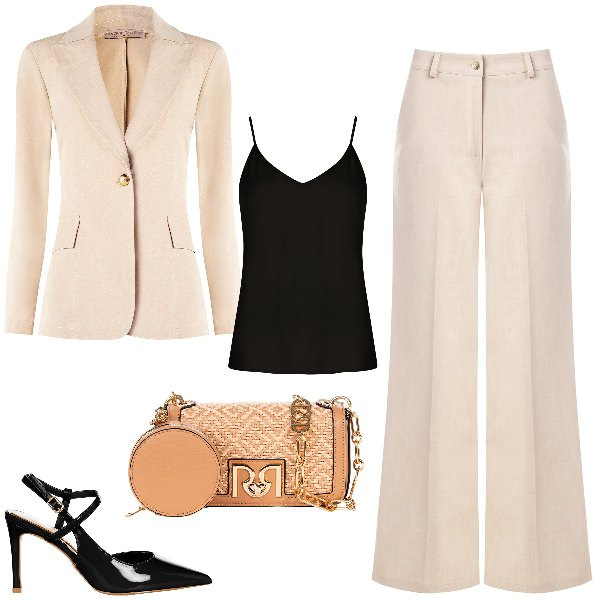 Outfit donna - Beige e nero. Stile Bon Ton per Cerimonia. Abbinamento con pantaloni, blazer, décolleté, borse a tracolla, top.