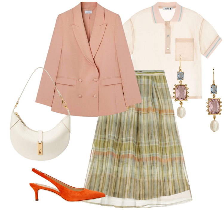 Outfit donna - Cerimonia o per il lavoro. per Tutti i giorni. Abbinamento con polo, gonne lunghe, borse a spalla, décolleté, orecchini, blazer.