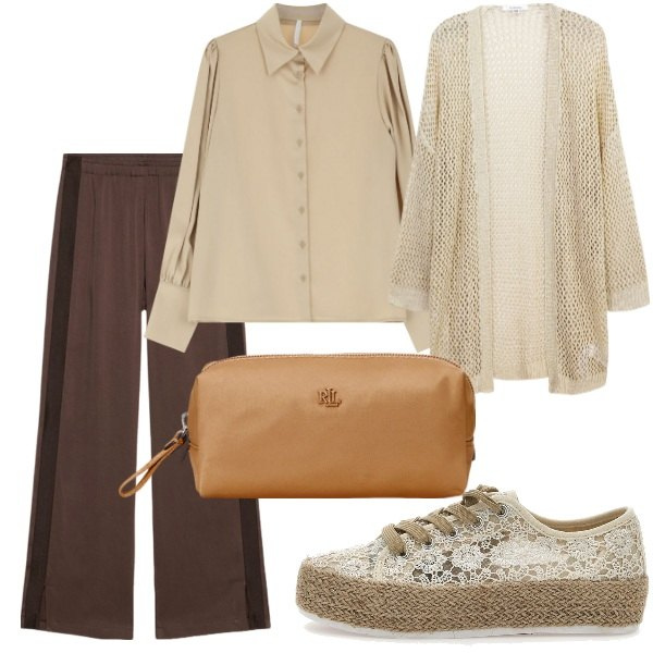 Outfit donna - Sneakers in pizzo. Stile Casual chic per Tutti i giorni. Abbinamento con kimono, camicie, pochette, espadrillas, pantaloni a palazzo.