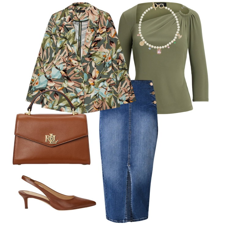 Outfit donna - A lavoro. per Ufficio. Abbinamento con gonne longuette, borse a mano, top, décolleté, ciondoli, blazer.