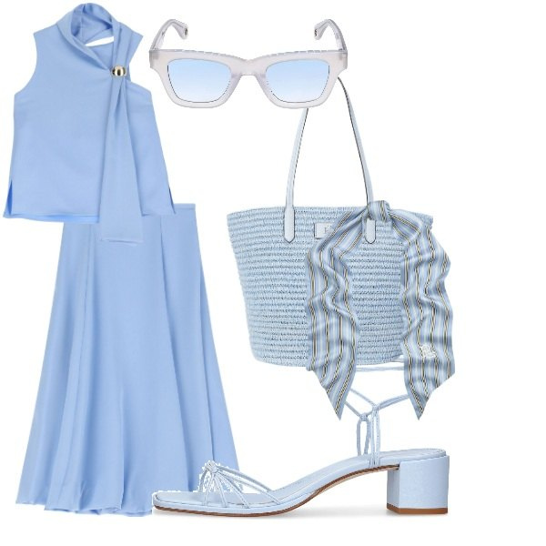 Outfit donna - azzurro cielo. Stile Casual per Tutti i giorni. Abbinamento con gonne longuette, top, foulard, borse tote, occhiali da sole, sandali in pelle.